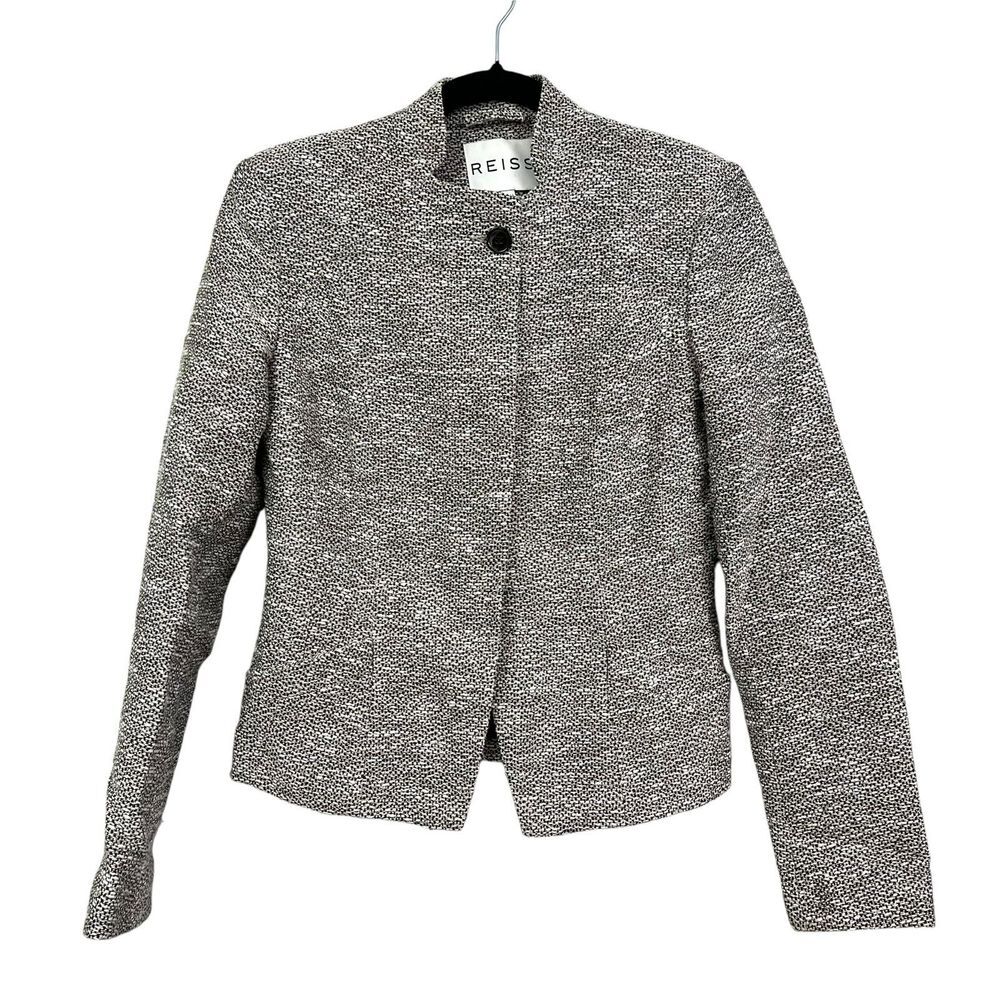 Reiss Women Tweed Blazer Stand Collar 3 Button Fully Lined Pockets Beige Size S*